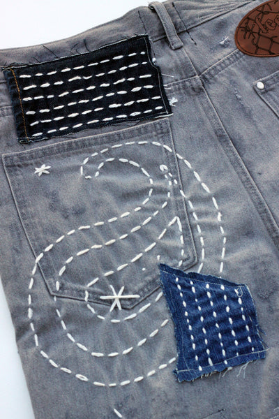 [1 OF 1] DENIM REWORK SHORTS PAISLEY(GREY)